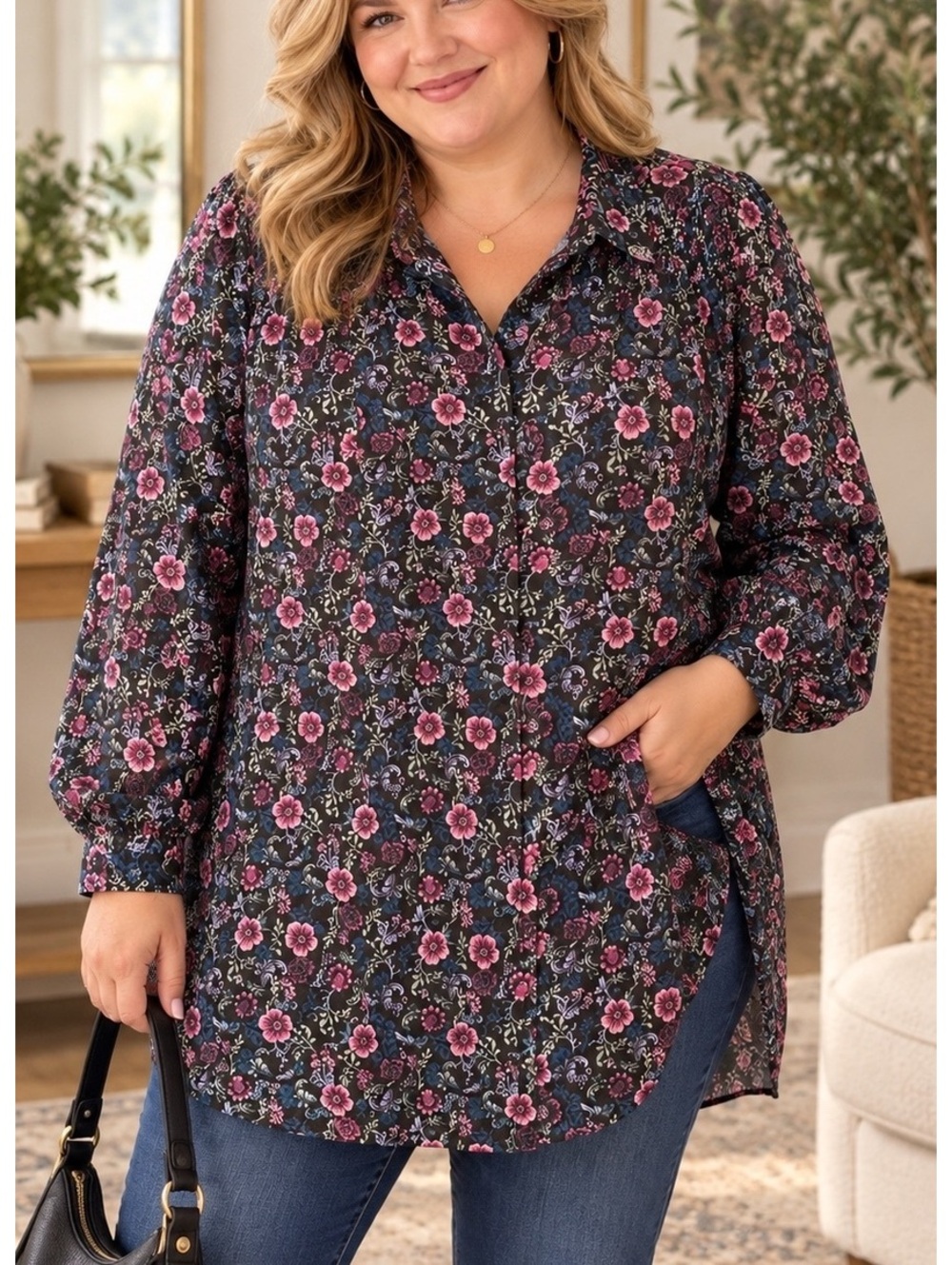 PENN Penningtons Floral Button Front Tunic Blouse Plus Size 2X Long Sleeve